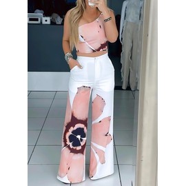 LROSEY Womens Two Piece Outfits Summer Club Birthday Party One Shoulder Crop Top High Waisted Wide Leg Palazzo Pants Sets