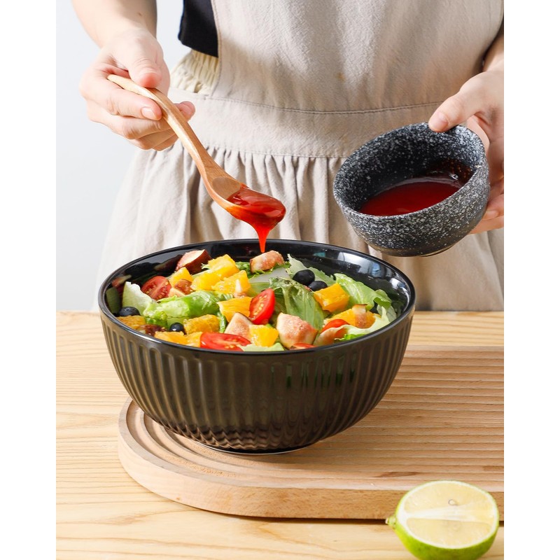 Hasense Porcelain Mixing Bowls of 3, Large Ribbed Black Bowls
