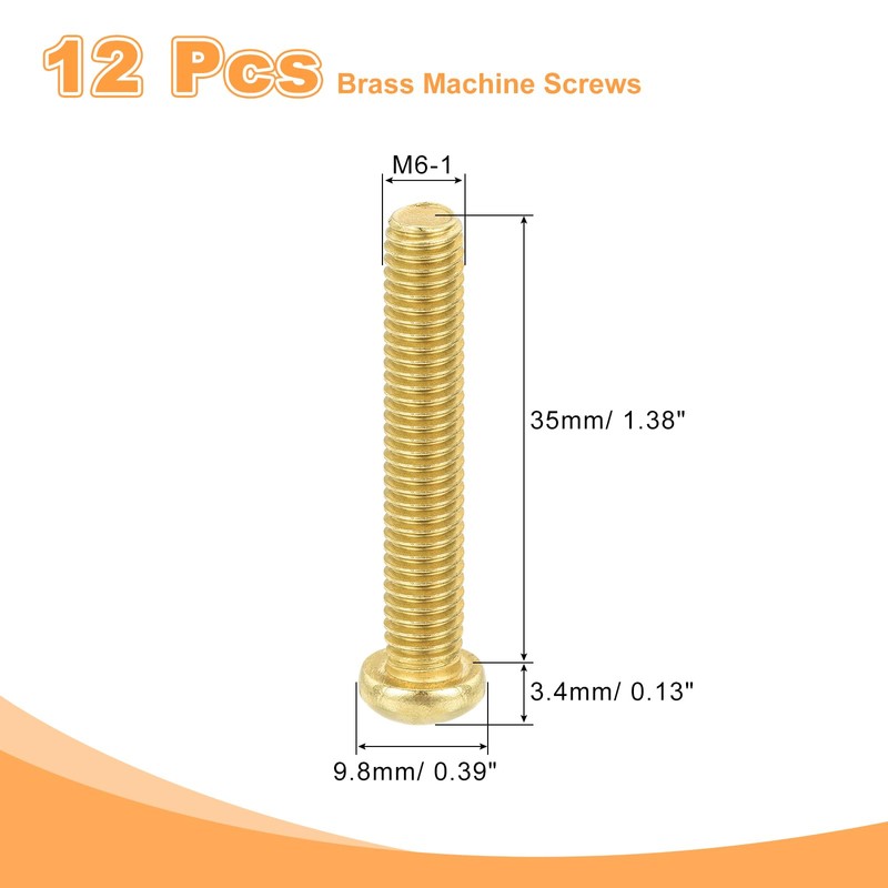 uxcell 12Pcs Brass Machine Screws, M6x35mm Phillips Pan Head Fastener