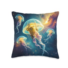 Fantasy Steampunk Jellyfish Sea Throw Pillow