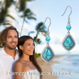 VONALA Vintage Rhombic Turquoise Earrings for Women 925 Sterling Silver Turquoise Dangle Earrings Turquoise Jewelry