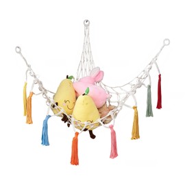 Stuffed Animal Storage Net Hammock Organize the Chaos, Easy to Hang, Includes Anchors & Hooks, Ideal for Kids Bedroom, Playroom, Nursery Room, （White+Seven color fringe）