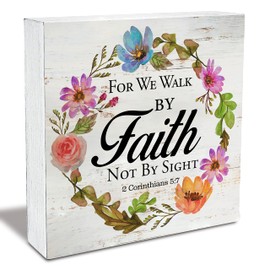 Bible Verse 2 Corinthians 5:7 Wood Box Sign Rustic for We Walk by Faith Not by Sight Scripture Wooden Box Sign Christian Home Office Desk Shelf Decor (5 X 5 Inch)