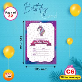 Papa Prints Pack of 32 Invitation Cards 105 x 149 mm Party Invites Kids Unicorn Invitations with Envelope