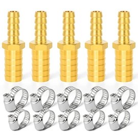ERGAOBOY 5 Pcs 6 mm x 8 mm Brass Reducing Hose Nozzle Connector, Straight 2 Way Hose Fitting with 10 Clamps