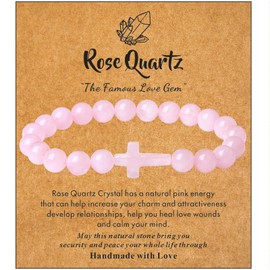 XIANNVXI Cross Bracelet for Women Rose Quartz Bracelet Christian Gifts for Women Baptism Gifts Rosary Bracelet Beaded Bracelet Cross Charm Bracelet Pink Bracelet Jewellery