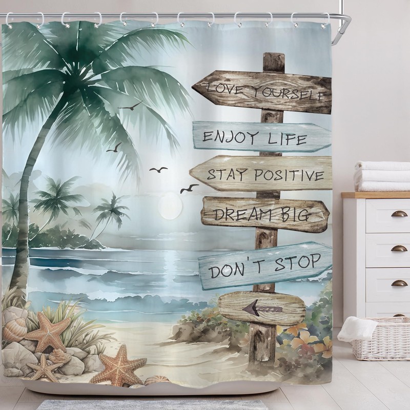 Riyidecor Tropical Beach Palm Tree Shower Curtain for Bathroom Decor