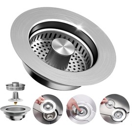Sink Strainer, 3-in-1 Drain Strainer, Kitchen Sink and Sink Plug, 304 Stainless Steel Pop-Up Drain Plug, Kitchen Sink, Sink Strainer for Sink Bore 75-86 mm, Depth > 40 mm