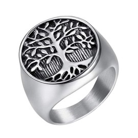 IFUAQZ Men's Stainless Steel Vintage Tree of Life Ring Signet Biker Band Round Top Black Silver Size 9