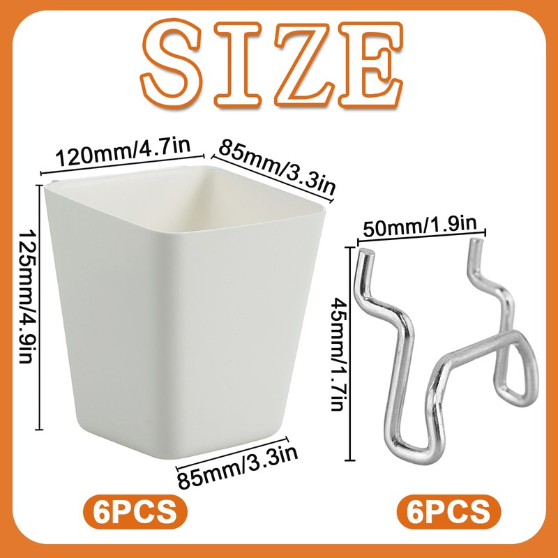 Rierousy 6 Pieces Pegboard Cups with Hooks, Square Storage Container