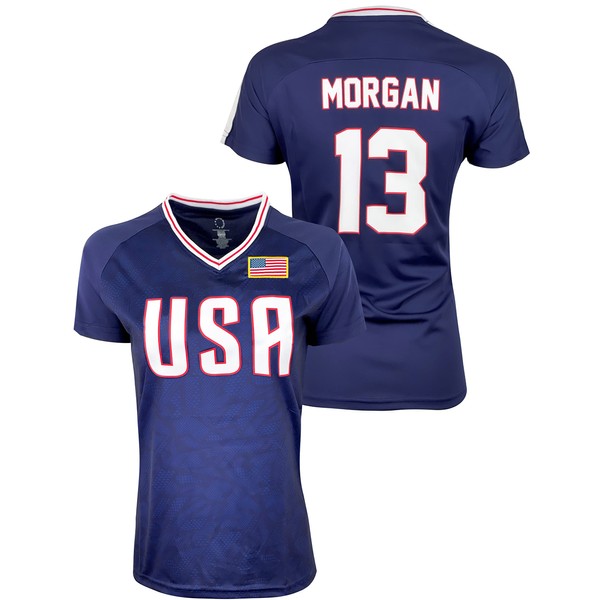 USWNT Player T Shirt Blue, Girls’ Official U.S. Women’s National Soccer Team Association USA Flag Football Tee Top Alex Mor (Youth Small)