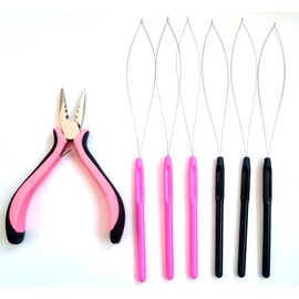 Hair Extension Pliers and Pulling Loop Tool Full Set Tools for Micro and Nano Extensions Rings Beads Black & Pink