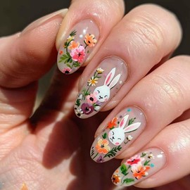 Easter Bunny Press on Nails Medium Almond Fake Nails Spring Summer Glue on Nails Glossy False Nails with Rabbit Flower Design Acrylic Stick on Nails Cute Artificial Nails for Women Nail Decorations