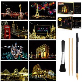 Scratch Paper Art Rainbow Painting, 8 Sheets Rainbow Scratch Off Mini Postcard Set Arts Supplies for Adults & Children, Thanksgiving, Christmas, Birthday Party Game Toys Gift (City Building)