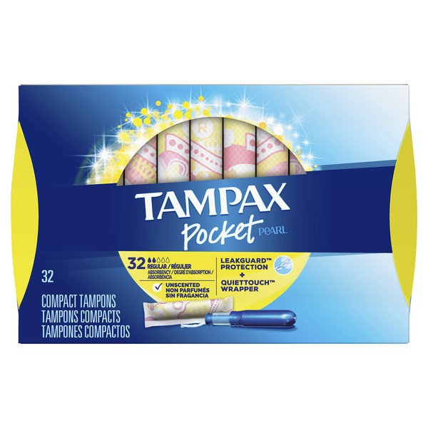 Tampax Pocket Pearl Tampons Regular Absorbency with LeakGuard Braid, Unscented, 32 Count