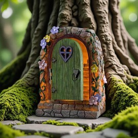 wsmart Solar Fairy Door Statue for Garden - Magic Fairy House Waterproof Resin Outdoor Fairy Garden Decor Accessories (7.5in*4.7in*5.9in, Miniature Fairy Figurines for Tree & Wall Decor)