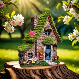 ASAWASA Resin Fairy House Statues with Solar Powered Lights, Funny Garden Sculptures with Flocked and Cobblestone Decor, Exquisite Garden Cottage Figurines