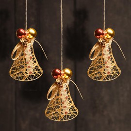 com-four® 3 x Decorative Bells - Gold Door / Wall and Window Decoration - Glitter Christmas Decoration for Hanging - Advent Decoration with Bow, Flower and Ball (3 Pieces Bell - Gold)