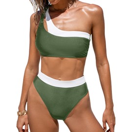 CUPSHE Women's Bikini Sets Two Piece Swimsuit High Waisted One Shoulder Neck Cutout Color Block Cheeky, L
