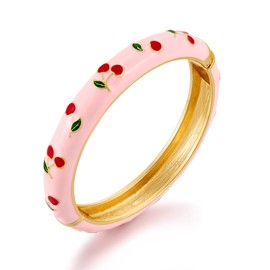 TOVABA Pink Cherry Bangle Bracelet for Women, Gold-Tone Non-Tarnish Enamel Cuff with Red Fruit and Leaf Details, Colourful Fashion Jewellery for Summer, Gifts and Everyday Wear