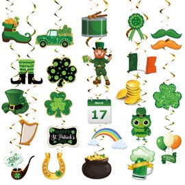81pcs St Patrick's Day Decoration Set Hanging Swirls Ornament Irish Glitter Cutouts Clover Leaf Goblin Horseshoe Blankets Foils Spiral Streamers for Party Decoration Supplies