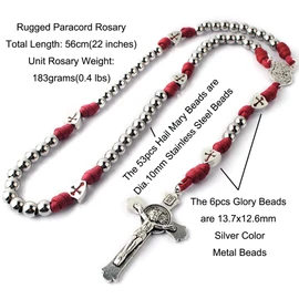 HanlinCC Large and Heavy Stainless Steel Beads Rugged Durable Paracord Rosary Necklace for Men with St.Michael Center Piece and St.Benedict Crucifix (Burgundy Paracord Rosary)