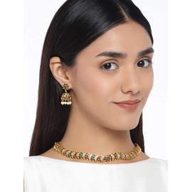 Aheli South Indian Designer Faux Stone Crafted Choker Necklace with Jhumki Earrings Ethnic Wedding Wear Fashion Jewelry Set Gift for Women