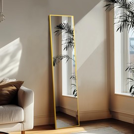 Delma Full Length Mirror,Large Floor Mirror with Aluminum Frame for Bedroom, Bathroom, Living Room,Wall Mount or Freestanding Design(with Stand,Rect 56x15-Gold)