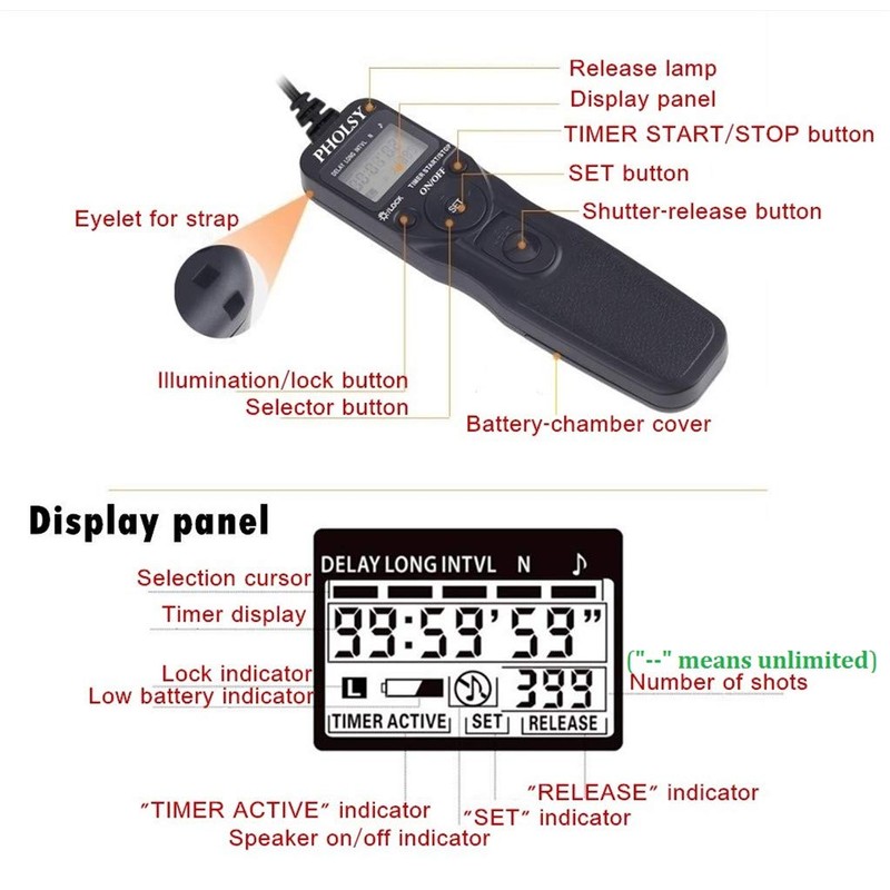 PHOLSY Timer Remote Control Cable with Intervalometer S8 Shutter Remote