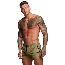 TONLEN - Traje de baño deportivo para hombre, con bolsillos con cierre, Caqui, Medium