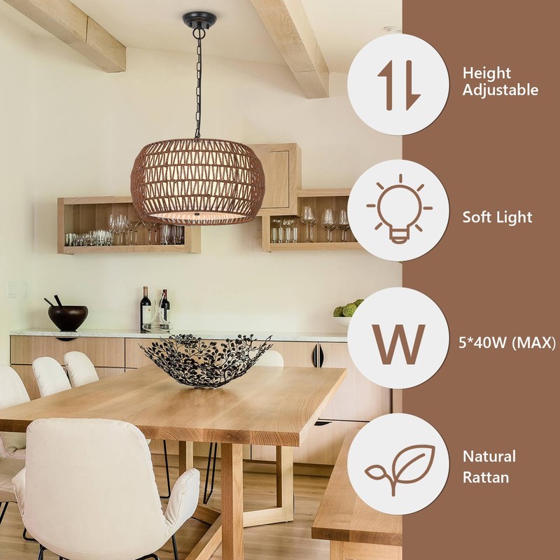 PAUFUL Rattan Farmhouse Chandelier Light Fixtures,5-Lights Boho Large Pendant Light,Woven