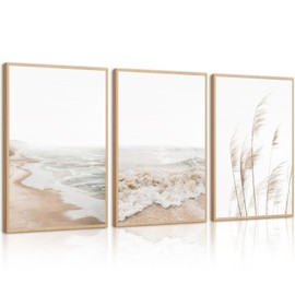 Arte de pared costero para playa, decoración de pared, diseño bohemio y océano, lona neutro, para playa, impresiones playeras, obras de arte costeras, pintura de zacate de pampas, póster para recámara