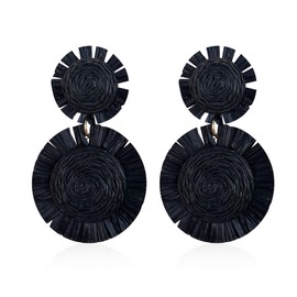Leeniuniu Handmade Statement Raffia Earrings Boho Rattan Dangle Earrings Straw Wrap Summer for Women (Black)