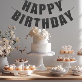 Alainzeo Happy Birthday Banner, Black Glitter Happy Birthday Sign for Birthday Decor, Backdrop, Happy Birthday Decorations for Girl Boy Men Women, Black