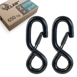 valonic Claw S-Hook with Safety Clasp, Rubberised, 650 kg, Carabiner Hook with Eyelet, for Tie Down Straps, Trailers, Webbing, Tarpaulins, Pole, Black