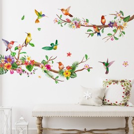 Zonon 6 Pieces Flowers Wall Decals Vinyl Dragonflies Flowers Wall Stickers Removable Floral Wall Murals Peel and Stick Colorful Flower Wall Decor for Bedroom Living Room Nursery(Hummingbirds)