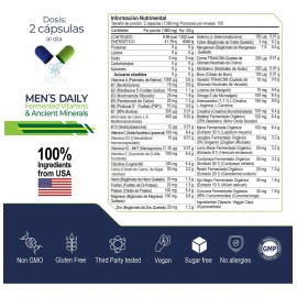ETERNAL NUTRITION Mens Daily Multivitamnico para Hombre 4 en 1 (200 Caps.)  Vitaminas, Minerales con Zinc, Complejo B y Adaptgenos  100 Porciones...  