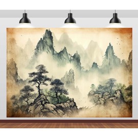 CORFOTO 8x6ft Fabric Chinese Mountains Water Painting Fabric Backdrop Clouds and Pines Landscape Photography Background Huangshan Ink Painting Home Chinese Decor Wall Props