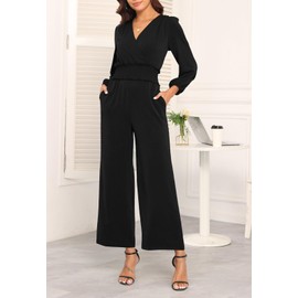 YUNDAI Womens Jumpsuit Fall Long Sleeve V Neck Casual Loose One Piece Outfits Wrap Waist Long Pants Romper with Pockets