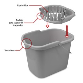 Torosqui Cubeta con Exprimidor Y Ruedas con Asa De Metal | con 4 Ruedas | 14 litros | Color Gris Pastel | Cómoda y Uso rudo