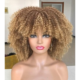 Curly Afro Wigs for Black Women Short Kinky Curly Wigs with Bangs 14inch Blonde Afro Hair Synthetic Fibre Wigs