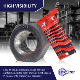 HexSizer 10 Pack Heavy Hex Nut, Bolt & Stud Gauge Tool - Durable Plastic Measuring Gauge Set, Compact, with Protective Vinyl Sleeve - Hardware Sizing Tool Identifier - Inch Measurement (Black on Red)