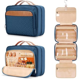 Travel Hanging Toiletry Bag for Women, Holds Full-Size Shampoo, Jewelry Organizer Compartment, Extra Large Waterproof Cosmetic Makeup, Toiletries Kit Set with Trolley Belt - Color: navy blue, Size: Medium