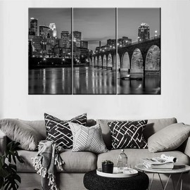 America Native Wall Art -3 Pieces Black and White Minneapolis Skyline Modern Artwork Cityscape Panoramic Pictures Paintings on Canvas Decoration for Living Room Office Home Kitchen Decor Ready to Hang