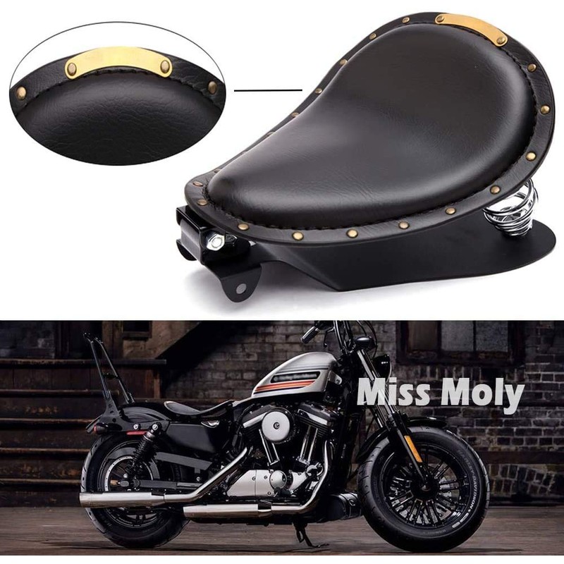Black Leather Motorcycle Rivet Bobber Solo Seat Spring Base Plate