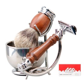 Grandslam Safety Razor Shaving Kit for Men,Pure Badger Hair Brush and Double Edge Safety Razor with Rosewood Handle, Stainless Steel Shaving Stand and Double Layer Large Bowl with 10 Blade