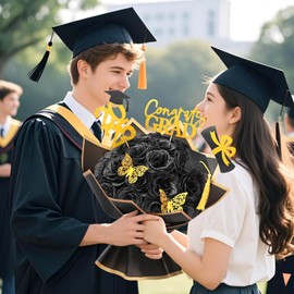 Waipfaru 2025 Graduation Gifts for Her, Glitter Roses Bouquet for Graduation, DIY Fake Flowers Bouquet with Graduation Stand-Up Signs, 36 Blcak Roses, for High School/College/Middle School Grads