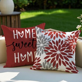 Vorysum Set of 2 Cushion Covers, 40 x 40 cm, Red Dahlia Outdoor Cushion, Modern Cushion Covers, Flowers, Decorative Sofa Cushion, Velvet Look for Garden, Sofa, Living Room, Bed, Double-Sided Pattern