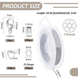 BENECREAT 32.8 Feet 7 Strand Stainless Steel Beading Wire, with 200Pcs Jump Rings, 200Pcs Crimp Beads, 100 Pcs Bead Tips and 20Pcs Lobster Claw Clasps for DIY Jewelry Making, 21 Gauge