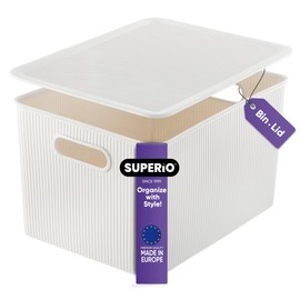 Superio Ribbed Collection - Decorative Plastic Basket Lidded Home Storage Bins Organizer, X-Large White Smoke (1 Pack - 22 Liter) Stackable Container, for Organizing Closet Storage Bins for Shelves